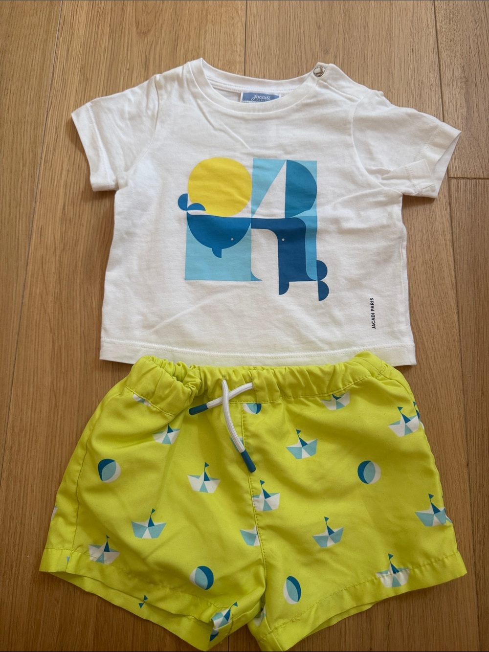 Jacadi White Tee and Lime Green Nautical Shorts Set